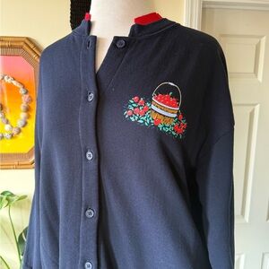 Vintage 90’s Navy Button-Up Cardigan Sweatshirt with Cherry Basket Graphic